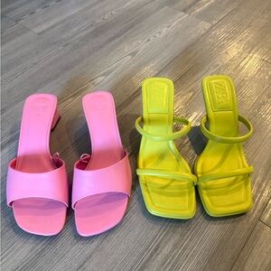 Zara Pink and Yellow Heels with Square-Toe Design